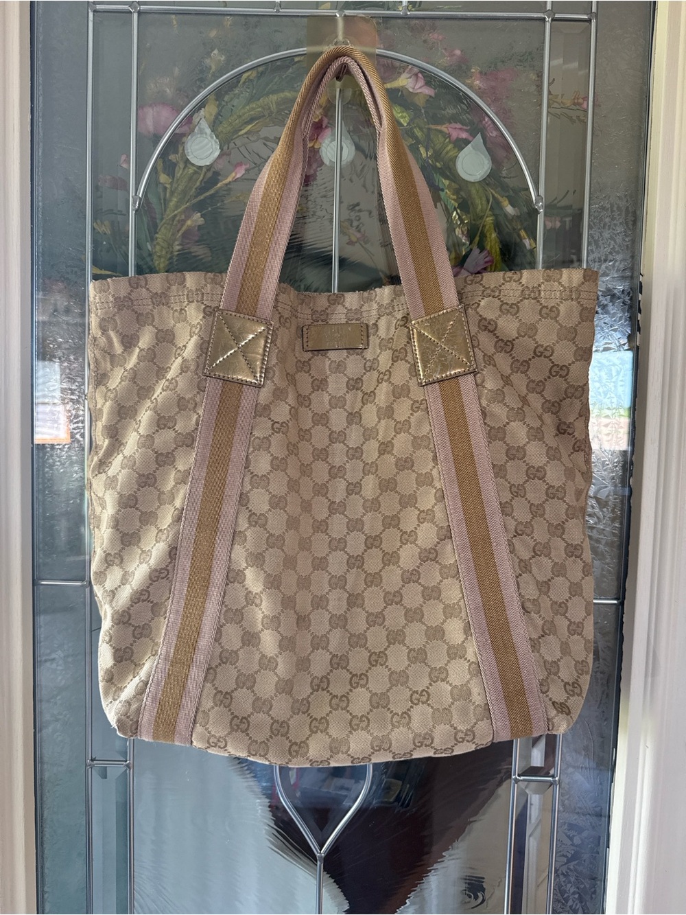 Gucci Beige GG Canvas Tote with Tan and Gold Trim Straps